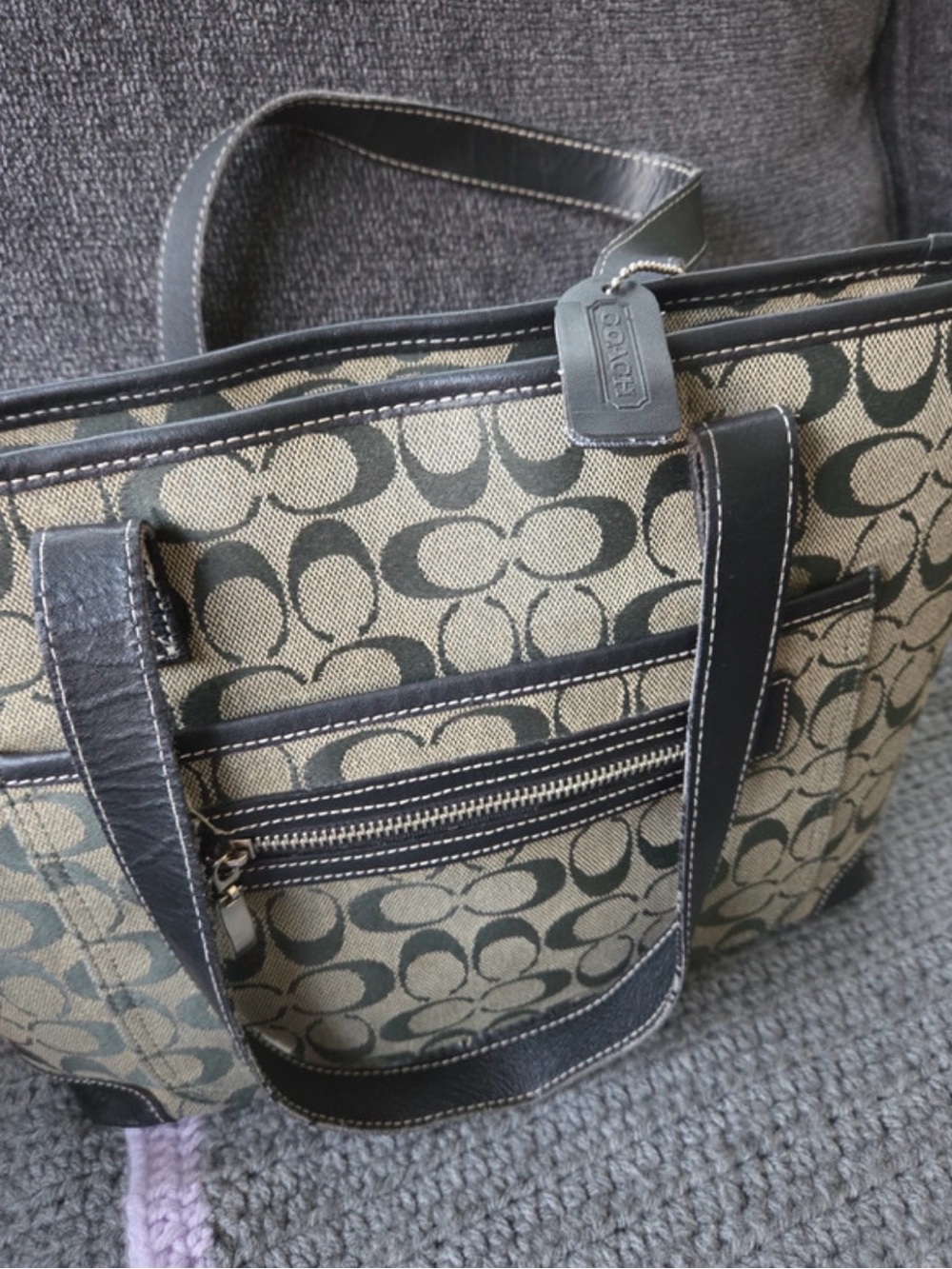 Coach Khaki and Black Signature Canvas Tote